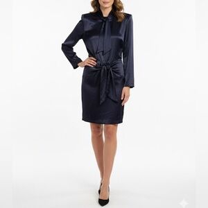 NWT Oud Paris Kimber Dress Navy Blue Satin Tie Waist Neck Structured Sz XS